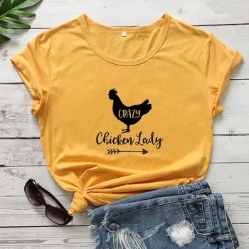 Loco de Pollo a la Señora Impreso de la Nueva Llegada de las Mujeres de Verano Divertido Casual Agricultor de Algodón T-Shirt de la Madre Regalo de Día del País de la Camisa