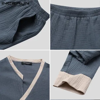 Los hombres Conjuntos de Pijamas de Algodón de Patchwork de Manga Larga ropa de hogar Kimono V Cuello de Encaje Cómodo Dormir Pantalones de los Hombres ropa de dormir de los Conjuntos de INCERUN