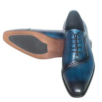 Los hombres de Cuero Genuino Zapatos de Vestir de Diseño italiano Color Azul pulido a Mano Punta del Dedo del pie Zapatos de Boda