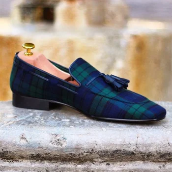Los Hombres de la moda de la tela Escocesa de Alta Calidad de la Borla Retro Clásico Set de Desgaste de Moda Casual Solo Zapatos Zapatos De Hombre HA856