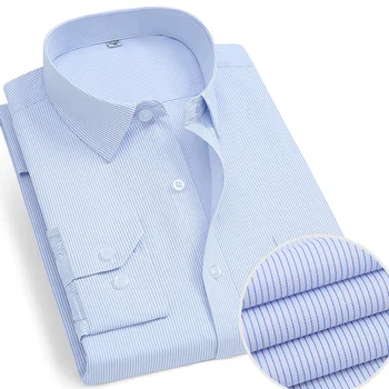 Los hombres de manga larga, estándar, sólido formales básicos de la camisa de un solo parche, formal de trabajo de negocios botón de rayas