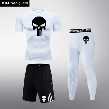 Los hombres del Cráneo de la Compresión de MMA de Manga Corta camiseta de los Hombres del Deporte de Mallas Pantalones de Fitness Culturismo Ropa de trabajo que Ejecuta el Traje