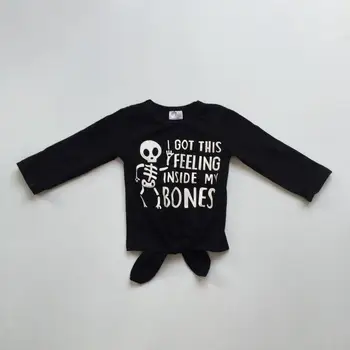 Los niños de las niñas Otoño / Otoño raglans Niñas de Halloween raglans huesos humanos de impresión raglans larga negro camisetas
