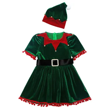 Los niños Pequeños Vestido de Navidad con Sombrero de sistemas de la Correa de las Niñas de Bebé de Santa Claus Elf Ropa Cosplay de Vacaciones Traje de Fiesta de Disfraces de Navidad