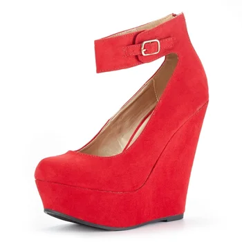 LOSLANDIFEN Rebaño Hebilla Bowtie Correa de Tobillo zapatos de Tacón Alto para las Mujeres Zapatos de Plataforma Cuñas de las Mujeres de las Bombas de las Mujeres del Rojo de la Boda Zapatos