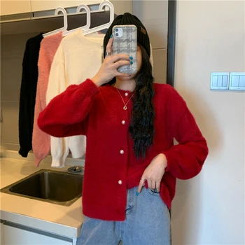 Lucyever Vintage Rojo De Imitación De Piel De Visón Chaqueta De Punto Las Mujeres 2020 Otoño Nuevo Harajuku Botón Suelto Suéter De Abrigo De Mujer De Manga Larga Chaquetas