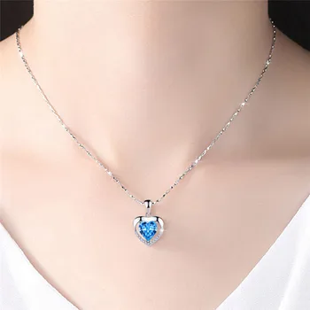 LUKENI Pura Plata 925 Mujeres Collar de Colgantes de la Joyería de las Mujeres de la Moda de Cristal Azul del Corazón del Collar de la Señora Compromiso Accesorios