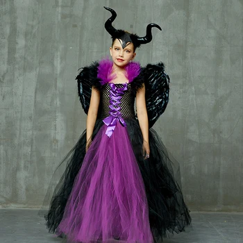 Maléfica Reina Malvada Niñas Tutu Vestido con Cuernos, Alas de Halloween Cosplay Disfraz de Bruja para Niños Fiesta de Vestido de Navidad