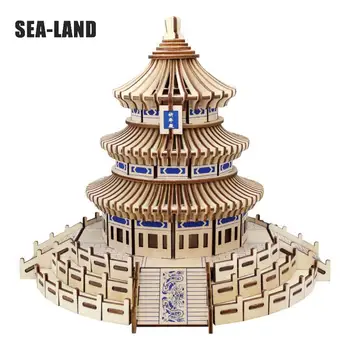 Mar-tierra Nueva Llegada de Bricolaje 3D Láser de Corte de Madera del Rompecabezas del Templo Del Cielo Carrito de Juego de la Asamblea Popular de Juguete de Regalo Para los Niños Adultos