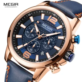 MEGIR Azul Relojes de los Hombres Militares Deporte del Cronógrafo de Cuarzo Reloj de 2020 Marca de Lujo de Cuero Impermeable Banda Luminosa del reloj de Pulsera Hombre
