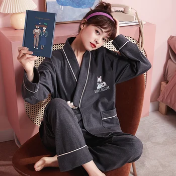 MELIFLE Primavera Kimono Conjuntos de Pijamas para Mujer Algodón Satinado Suave Yukata ropa de dormir Atoff Casa de Moda Kawaii de Seda ropa de Dormir