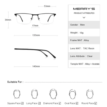 MERRYS Hombres Gafas de Marco Macho Cuadrado de la Mitad Óptica Ultraligero Estilo de Negocio de la Miopía de la Prescripción de la Aleación de Anteojos S2055
