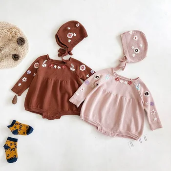 MILANCEL 2020 otoño bebé mono hecho a mano bordado de flores traje de las niñas de bebé ropa de bebé prendas de punto opcional sombrero de punto