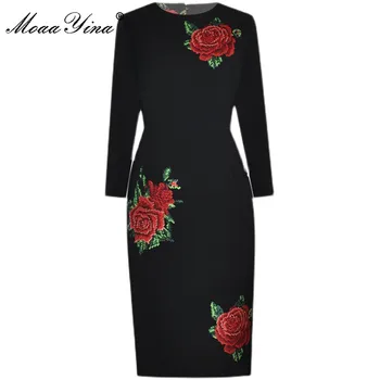 MoaaYina Diseñador de Moda vestido de Primavera de las Mujeres Vestido Bordado de Rosa Negro Vintage Paquete de la cadera Vestidos