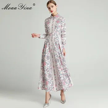 MoaaYina Diseñador de Moda vestido de Primavera, el Otoño de las Mujeres del Vestido de manga Larga de Encaje Floral Imprimir Slim Elegante Vestidos de
