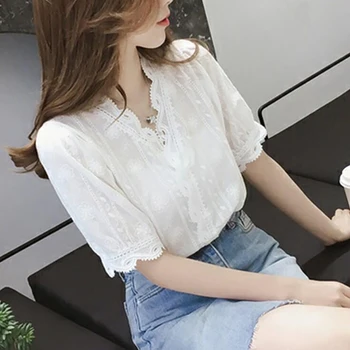 Moda de Encaje Hueco Dulce Blanco de la Blusa de la Mujer V-Cuello Casual Blusas Camisetas de la Mitad de las Mangas del Color Sólido Camisa de las mujeres tops