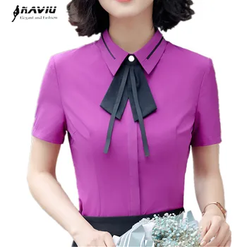 Moda elegante Arco Blusa de la Mujer Nueva de Verano OL Profesional de Manga Corta Slim Camisa de las Señoras de la Oficina de Trabajo de Más el Tamaño de Tops