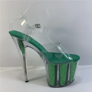 Modelo de etapas de formación sexy a través de un verde brillante de 20 cm de tacones de aguja, banquetes rendimiento discoteca sandalias de tacón de aguja
