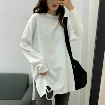 Mujer Camisetas Primavera Otoño Negro Blanco Color Sólido Cuello Redondo De Manga Larga T Camisa Coreana Tops De Las Mujeres 2021 Ropa Y126