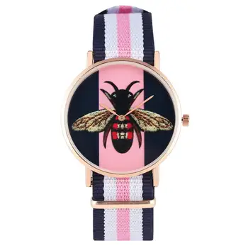 Mujer Encantadora Black Bee Patrón de Cuarzo Reloj Clásico de la Rosa de Oro de Casos Prácticos de Nylon de la Correa de reloj de Pulsera para las Mujeres