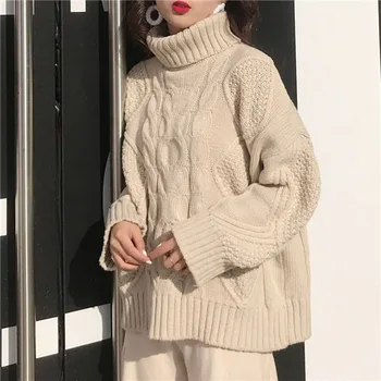 Mujer Jersey Highneck Suéter De La Moda Twist Color Sólido Espesar Slim Suelto Casual Perezoso Estilo De Punto Coreana De Otoño OutWear