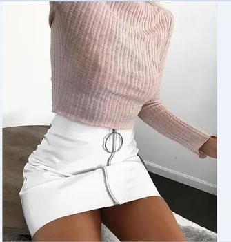 Mujeres Sexy De La Moda De Alta Cintura Cremallera De Cuero De Imitación Corto Lápiz Bodycon Mini Falda 2019 Nuevo Sólido Falda Blanca