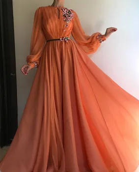 Musulmán Naranja de manga Larga Flores Dubai Vestidos de Noche Una Línea de Gasa Islámica de Arabia saudita Largo Prom Vestido de Traje de gala