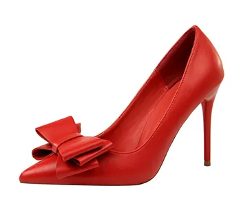 Más el tamaño de 34 a 43 Mujeres de las bombas de Dulce Bowknot slip-on Primavera Otoño Zapatos de cuero Suave Superficial de la Moda de los tacones Altos de la Oficina de zapatos de mujer