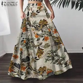 Más el Tamaño de las Mujeres Impreso Faldas ZANZEA 2021 de la Moda de Primavera Maxi Vestido Casual de Cintura Alta Largos Vestidos Femeninos Manto Floral
