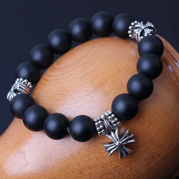 Natural Bian de Piedra Bianshi Negro jade Bian Pulsera Para Mujer Hombre negro jade de salud de la cruz braclets 12 mm perlas de plata 925 de la joyería