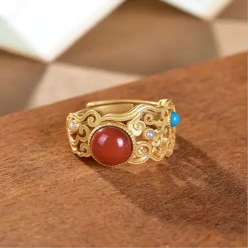 Natural de Hotan turmalina roja apertura de anillo Chino de estilo retro palacio geométricas hueco de luz las mujeres de lujo de la joyería de plata