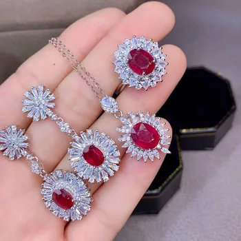 Natural ruby conjunto, sencillo y práctico, anillo de collar de las mujeres del desgaste del partido debe joyas, plata de ley 925