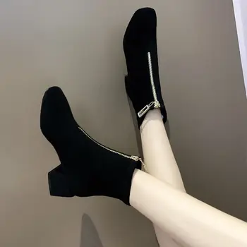 Negro botas de las mujeres del diseñador de zapatos gruesos tacones de tobillo boottes otoño/invierno botas de gamuza de las mujeres del talón de arranque