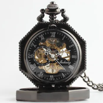Negro Vintage Ahuecado números arábigos Mecánicos Mano de Viento Negro de línea Romana con la Cadena de Reloj de Bolsillo Esqueleto Relojes Antiguos