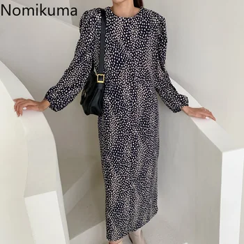 Nomikuma Túnica Femme Vintage Leopard Vestido de las Mujeres O de Cuello de Manga Larga de la mitad de las Pantorrillas Vestidos Casual Suelto Alta de la Calle Vestidos 3d142