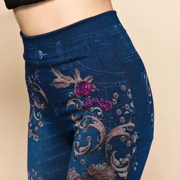 NORMOV Mujeres Jeans Leggings de Flores Impresas Slim de Algodón Mujer Jeggings Damas Pantalones Vaqueros de Moda de Alta Cintura de las Polainas de Femme
