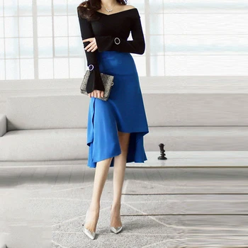 Nueva llegada cómodo sólido falda larga temperamental de alta calidad azul lindo del vintage elegante larga falda asimétrica