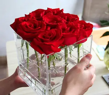 Nueva Llegada de Acrílico Rosa de la Joyería de Cosméticos Caja con Tapa Desmontable Bonito Regalo de Embalaje de Flores de la Joyería Organizador de Almacenamiento