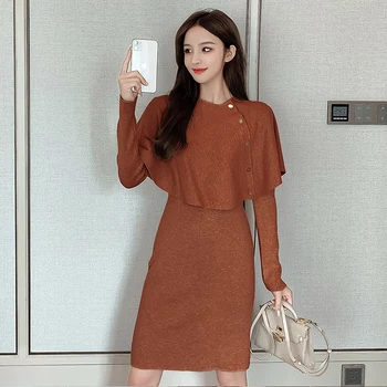Nueva Llegada De Invierno De Alta Calidad Jersey De Punto Manto Superior + Coreano Casual Color Sólido Elegante Vestido De Vestido De Las Mujeres 2 Piezas Conjunto