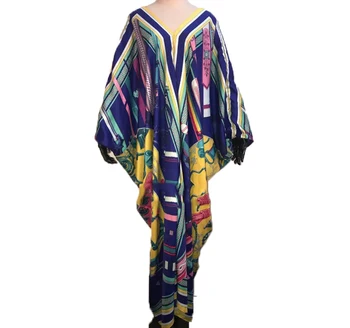 Nueva Llegada de V-cuello европейская одежда de seda Impresa Bohemio de vestidos para fiesta de mujeres Dashiki batwing Manga Kaftan vestido Largo