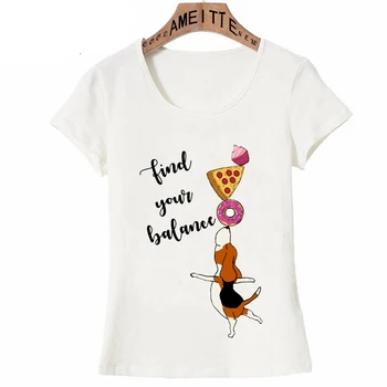 Nueva Moda de Verano de las Mujeres t-shirt Beagle equilibrio con el donut de la pizza y de la magdalena de Impresión T-Shirt Linda Chica Casual Tops de las Mujeres Tees