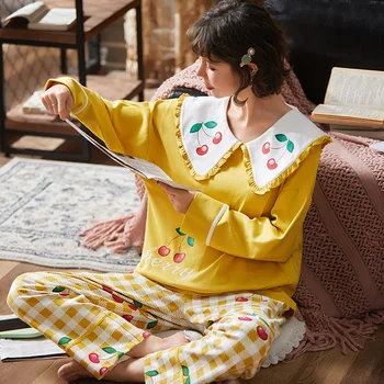 Nueva Venta Caliente de las Mujeres Pijama Conjunto de 2 PCS de Algodón de Otoño Invierno de dibujos animados de Manga Larga Lindo Casual ropa de dormir ropa de hogar Femenina ropa de Dormir