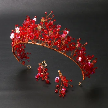 Nuevo Cristal Rojo de la Corona de Estilo Chino de la Boda Tocado hecho a Mano de la tiara de los pendientes de la Boda Accesorios Nupciales