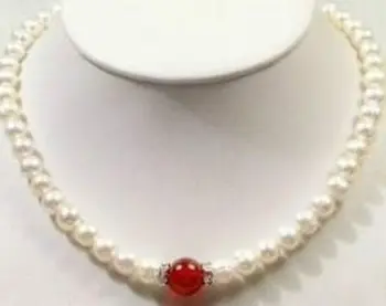 Nuevo de la moda de 7-8mm naturales cultivadas de agua dulce blanco de la perla nearround perlas collar rojo jades de piedra de las mujeres de la cadena de joyería de 18