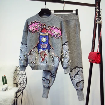 Nuevo Invierno de las Mujeres Pesados Lentejuelas de manga Larga Pullover Sweater + Pantalones de Punto de Dos piezas Casual de Chándal de Streetwear Suéter Conjunto