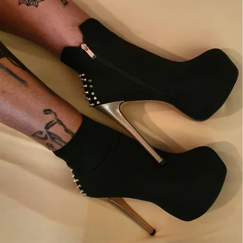 Onlymaker de las Mujeres de Tobillo ivet Botas de los Zapatos de 16 cm. de Alto Fino Tacón de 4 cm de Plataforma de la Moda de los Tacones de Placas de Metal Hebilla Botas Tamaño de US15