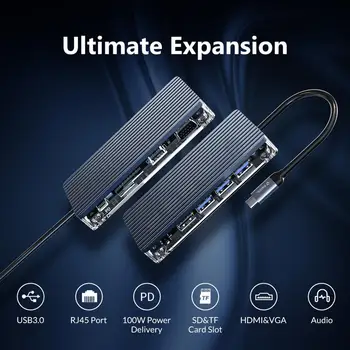 ORICO USB HUB de Tipo C para Multi USB 3.0, HDMI, VGA PD RJ45 Lector de Tarjetas de Adaptador Transparente USB Divisor para MacBook Pro de Huawei
