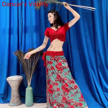 Oriental, de danza del vientre traje de entrenamiento de verano de 2020 nueva Señora Bellydance Conjunto de Bling Mangas Cortas top+Falda de flores Traje de Baile