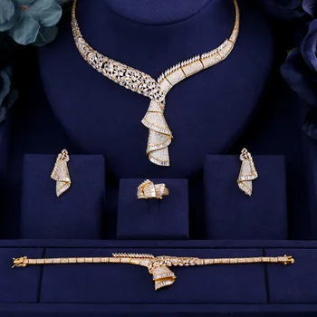 Oro-Color cubic zirconia collar pulsera pendientes y anillo 4pcs dubai completo sistema de la joyería para las mujeres,vestido de novia de la cena