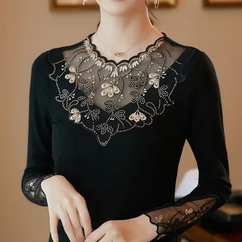 Otoño blusas mujer de moda 2019 Moda casual de las mujeres blusa camisa Elegante Bordado de la camisa de Malla de tamaño más negro de las mujeres tops
